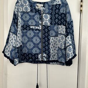 Christopher Banks blue and white zip up blouse with tassels